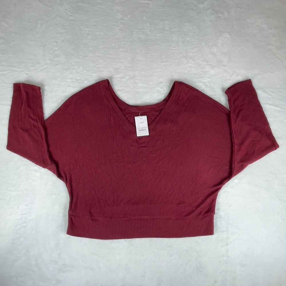 Auden Sweater‎ Women's Small Deep Red Cozy Stretch Ribbed Hem V Neck Pullover
